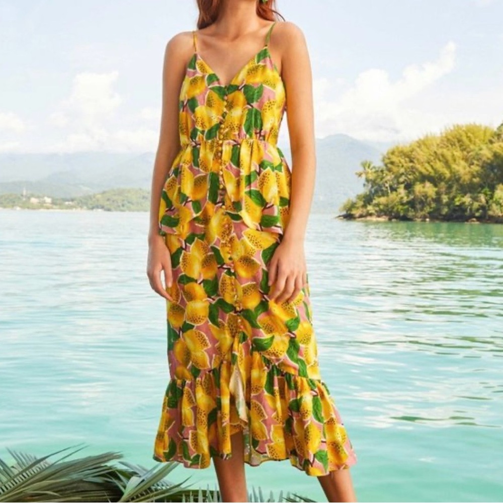 NWT Farm Rio Fresh Lemons Ruffle Midi Dress XL Linen Blend Tropical 🍋